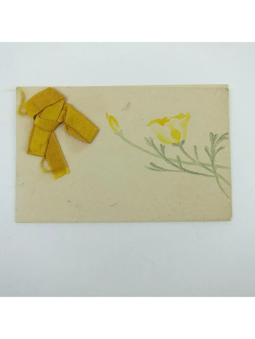 Victorian Calling Card Watercolor Yellow Poppy Flowers Ribbon Bow Antique 1900